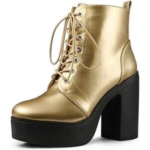 New Size 7.5 Platform Chunky High Heel Lace Up Combat Boots in Gold